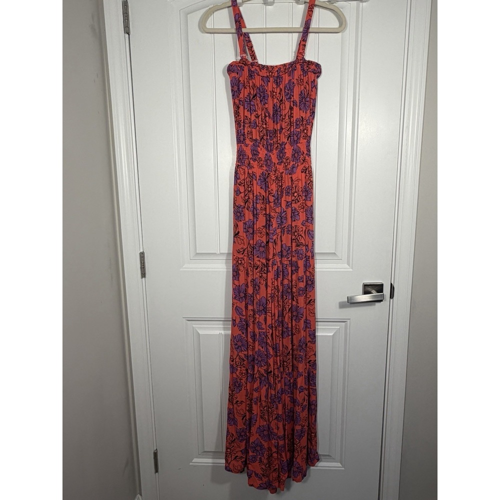 Jessica Simpson Coral Purple Floral‎ Smocked Maxi Romper XS Sleeveless Boho